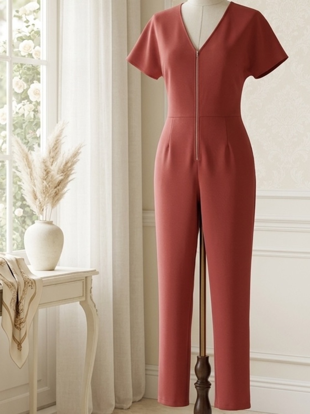 Polagram| Rust-Red V-Neck Short-Sleeve Jumpsuit w/Front Zip & Back Tie Sz L